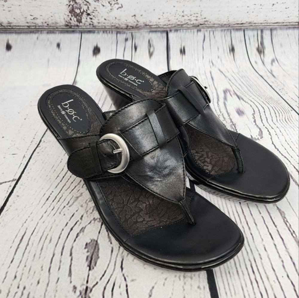 BOC Born Black Leather Buckle Heeled Sandals
